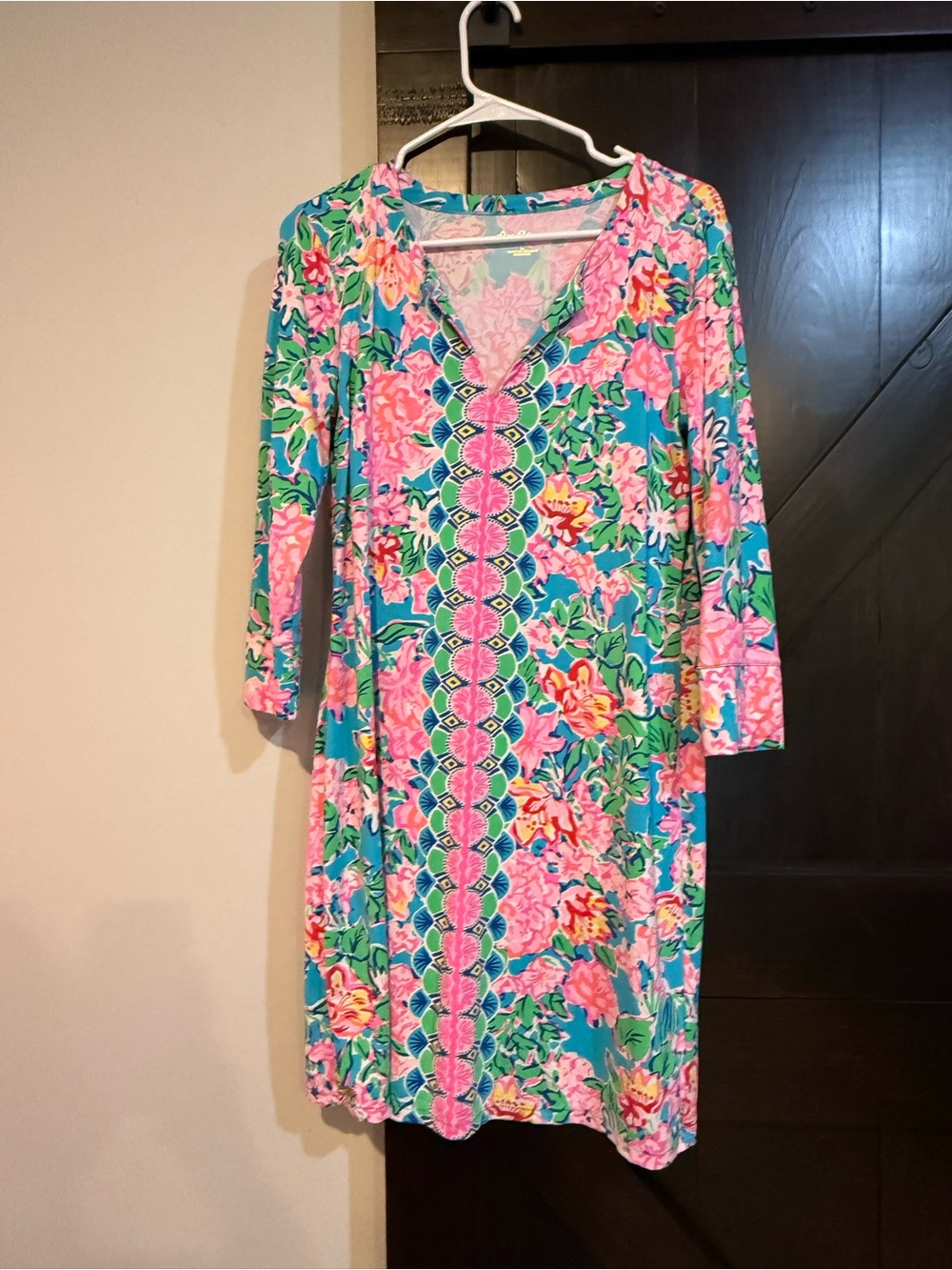 Lilly Pulitzer Teal Floral V-Neck Long Sleeve Shift Dress